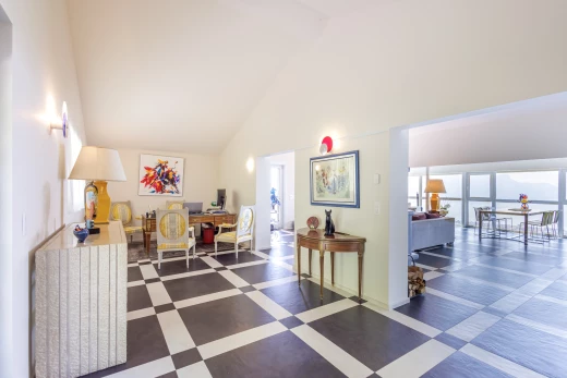 tiled office space with lofted ceiling