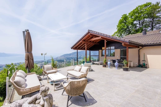 view of terrace with a mountain view