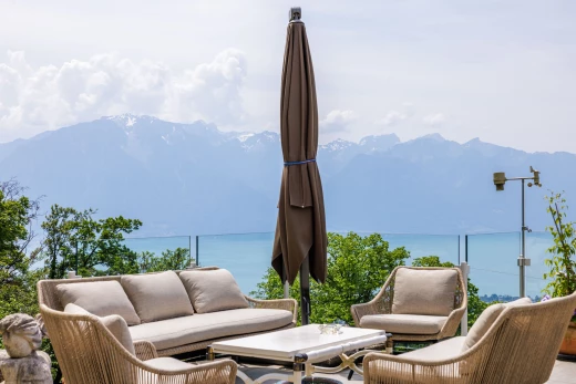 view of patio featuring a mountain view