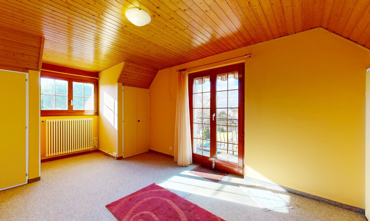 pièce vide avec plafond voûté, vaulted ceiling, radiateur, lumière naturelle, et natural light