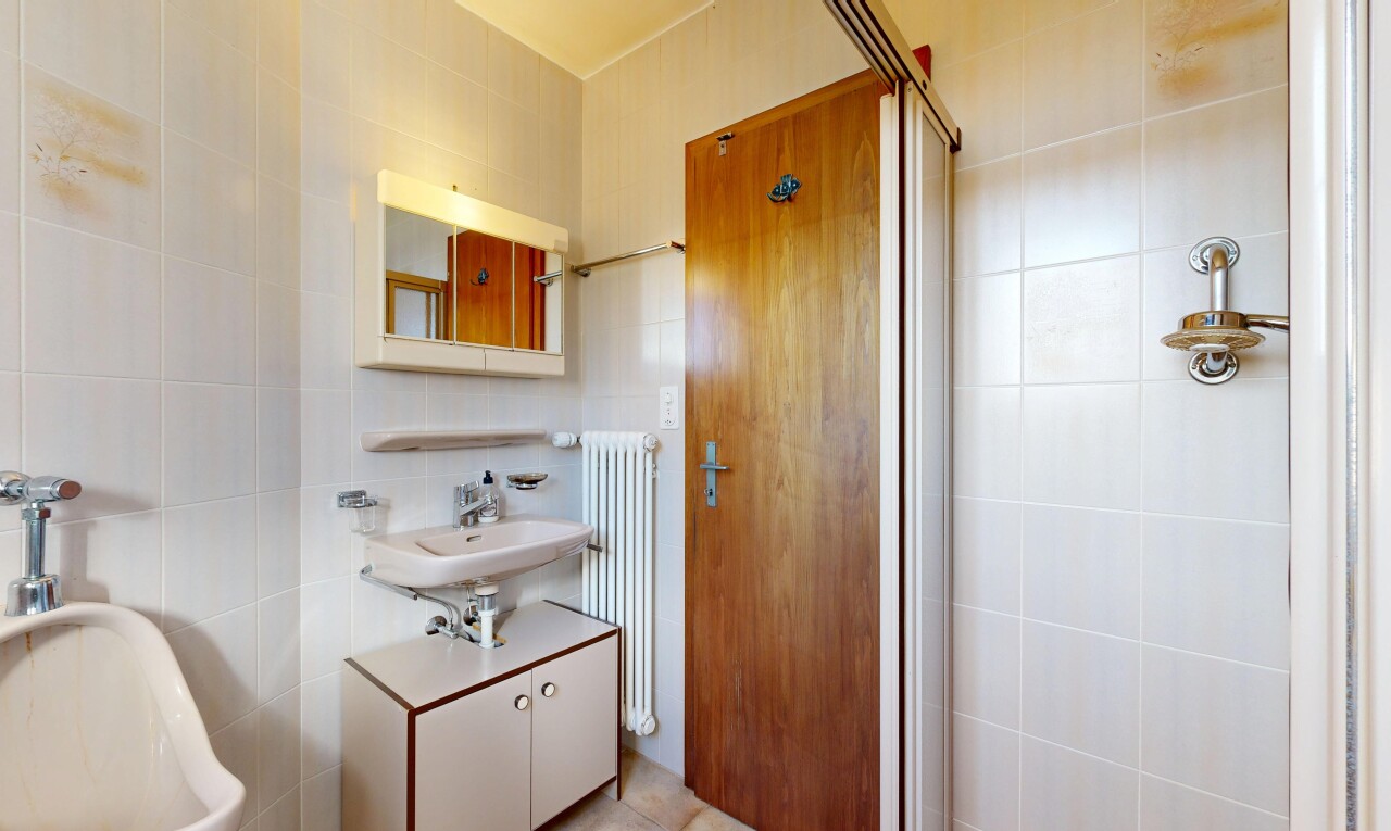 salle de bains avec miroir, mur en carrelage, tile wall, radiateur, et salle de bain complète