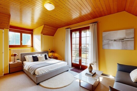 pièce vide avec plafond voûté, vaulted ceiling, radiateur, lumière naturelle, et natural light