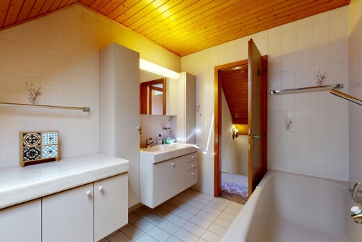 salle de bains avec plafond en bois, wood ceiling, lavabo (ou coiffeuse selon le contexte), miroir, et bain