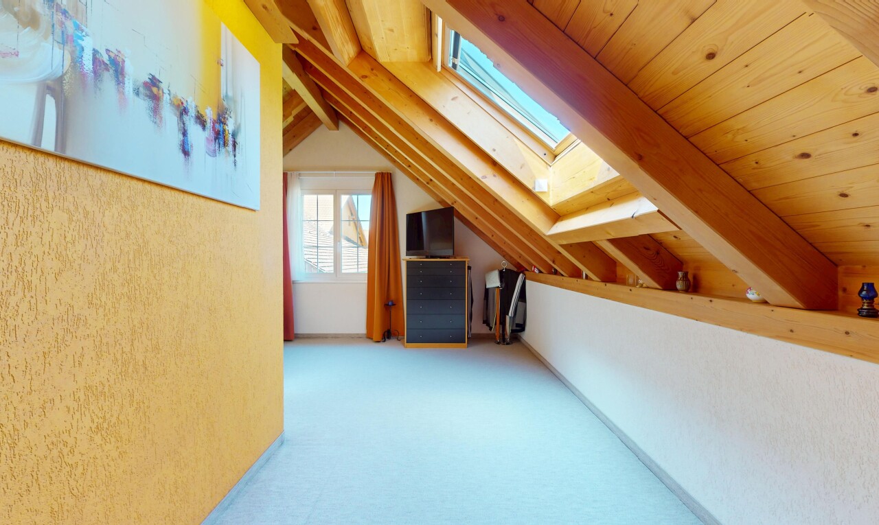 couloir avec télévision, inside property, plafond bas, low ceiling, et plafond voûté