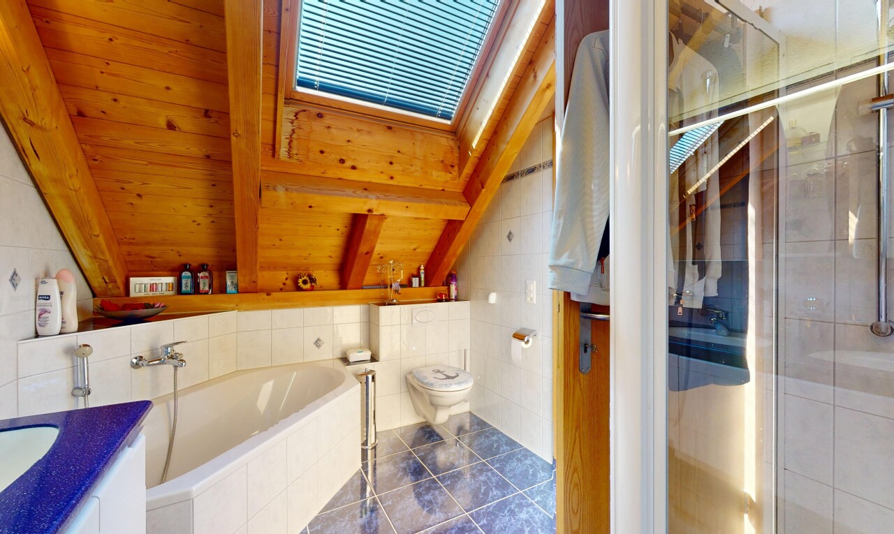 salle de bains avec salle de bain complète, lavabo (ou coiffeuse selon le contexte), inside property, douche, et toilette