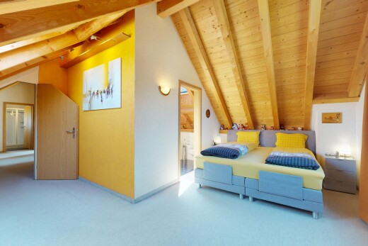 salon avec plafond en bois, wood ceiling, plafond voûté, vaulted ceiling, et plafond à poutres