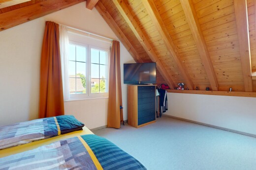 chambre avec télévision, inside property, plafond voûté, vaulted ceiling, et cloison sèche