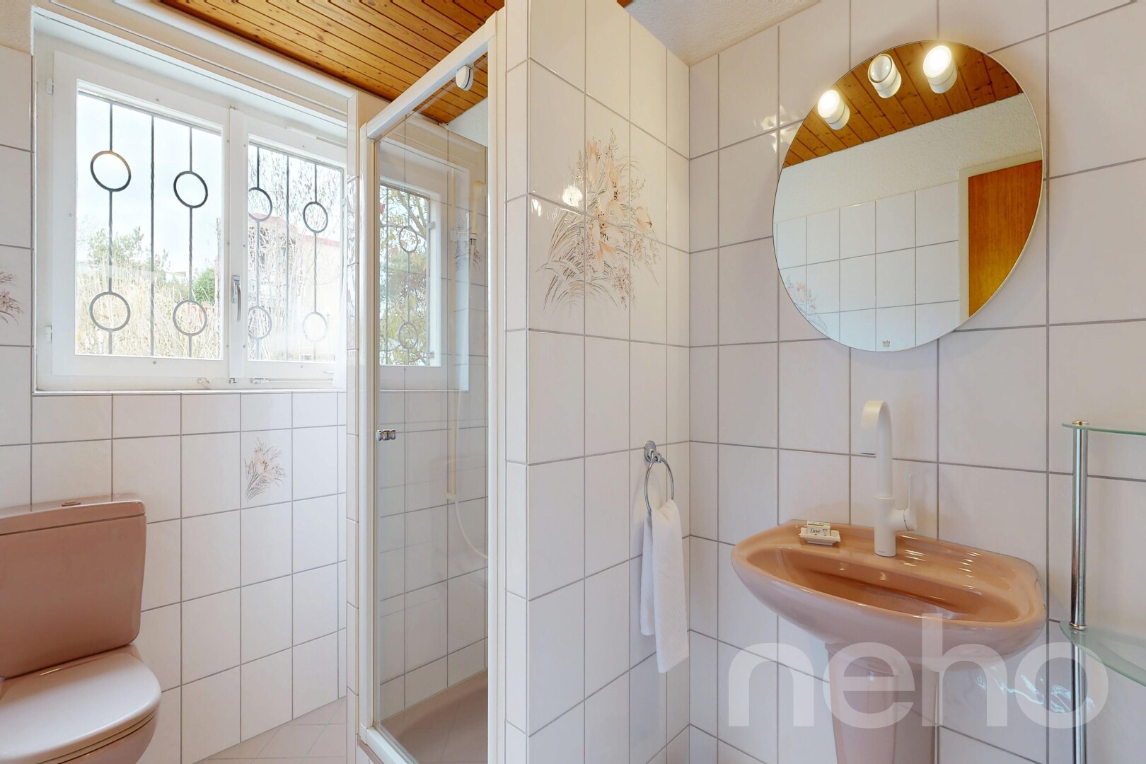full bathroom featuring tile walls, a shower stall, and wood ceiling