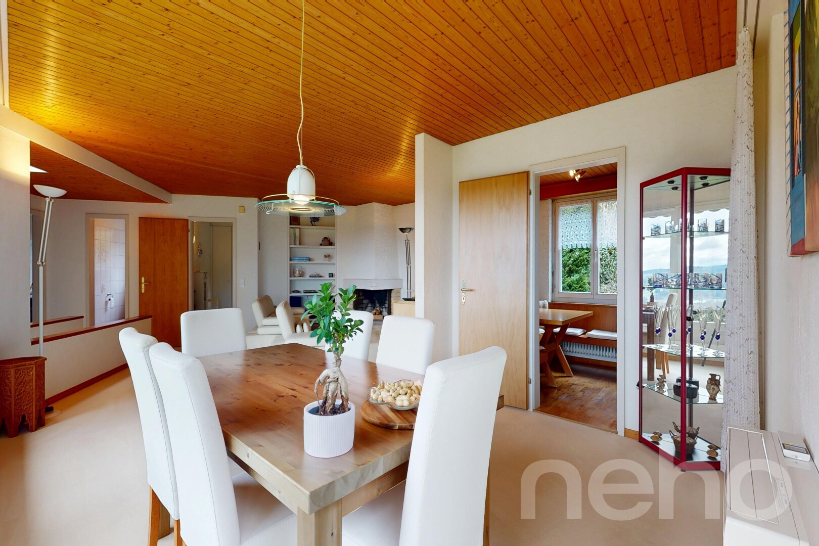 dining area featuring wood ceiling
