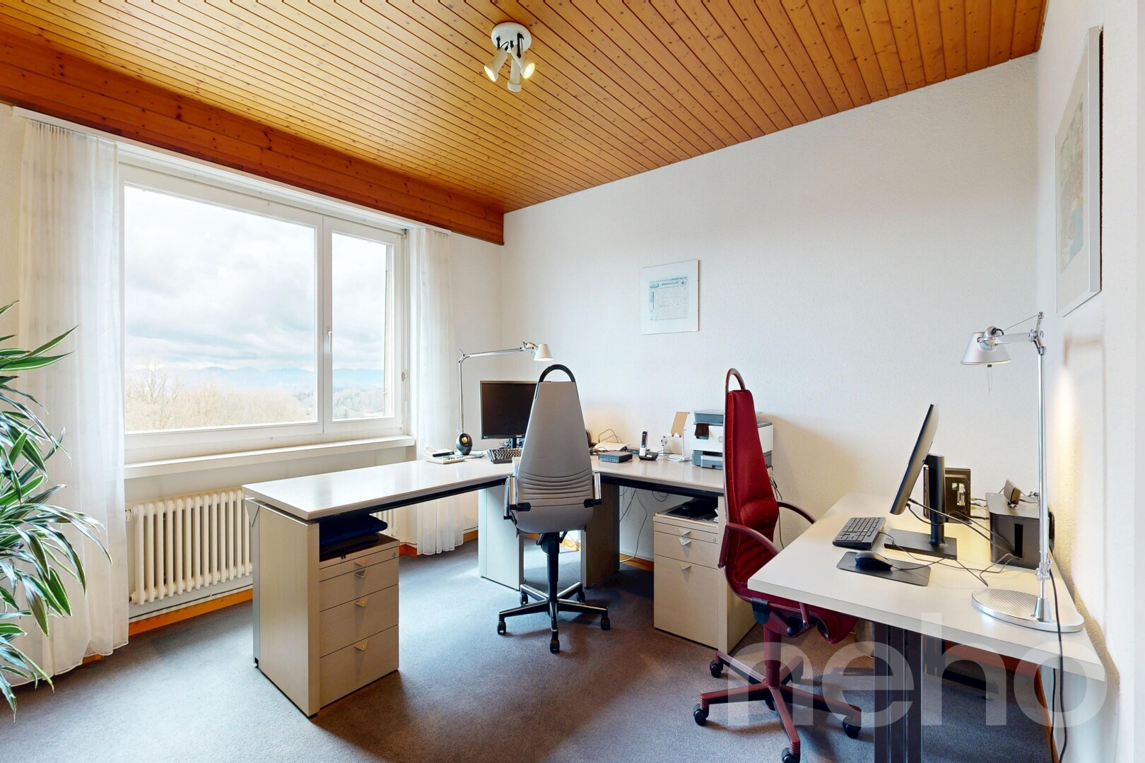 office area featuring radiator heating unit, wooden ceiling, and light carpet