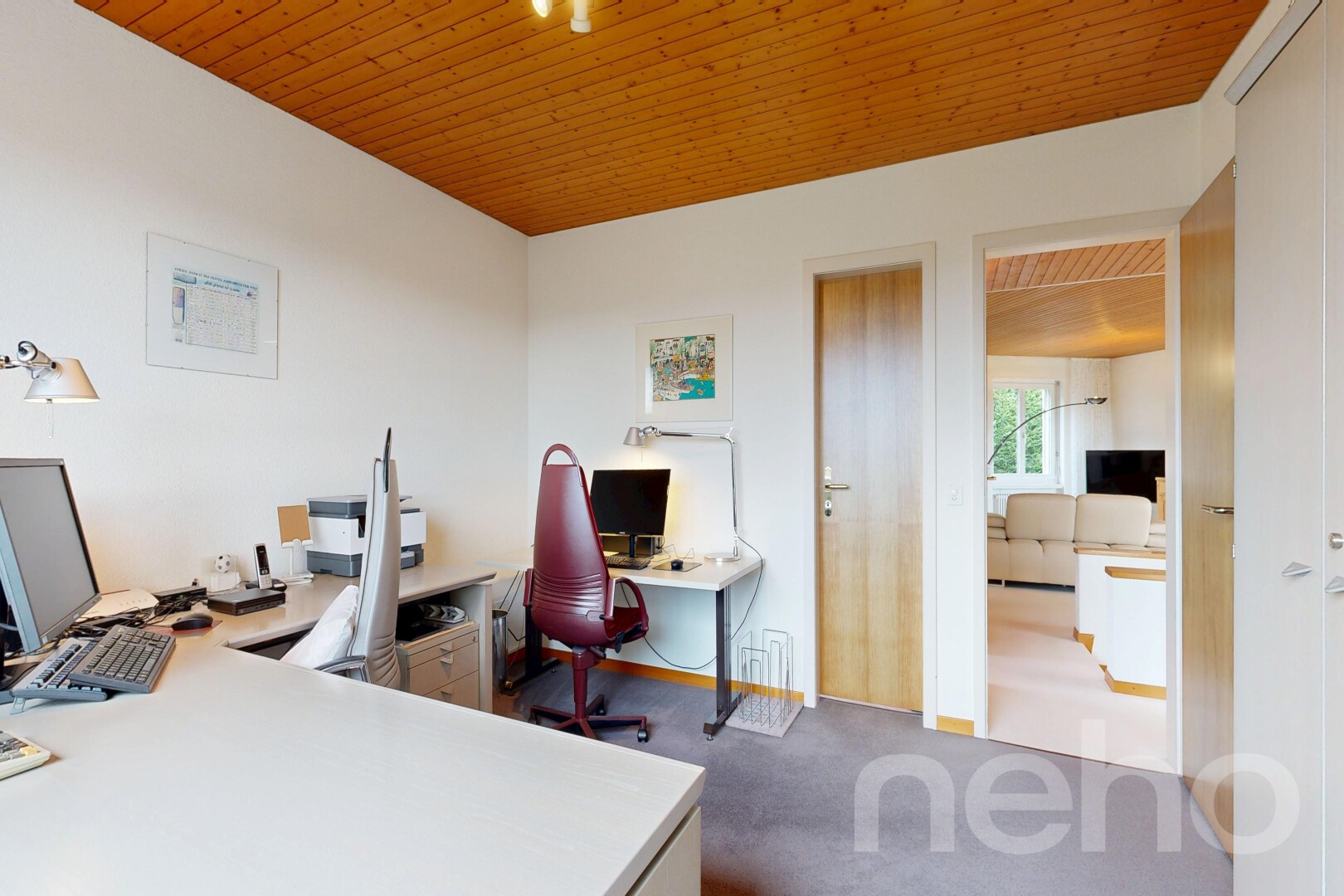 office area featuring wooden ceiling and dark carpet