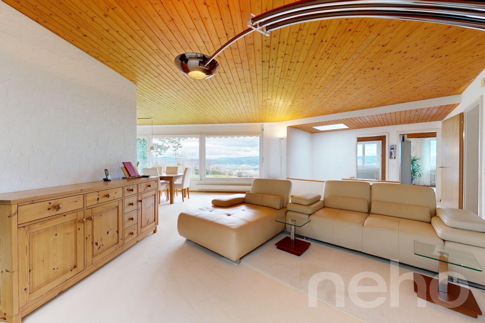 living room featuring wooden ceiling