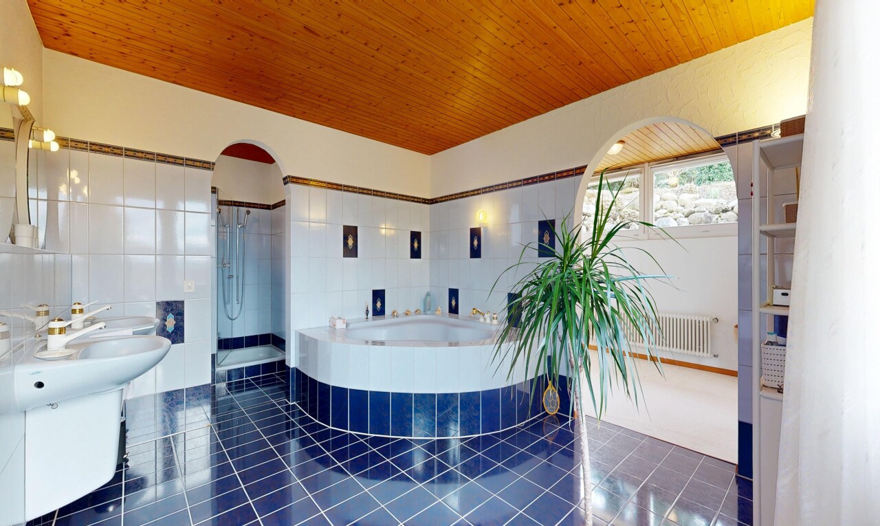 bathroom with dark tile patterned flooring, a garden tub, wooden ceiling, radiator heating unit, and a walk in shower