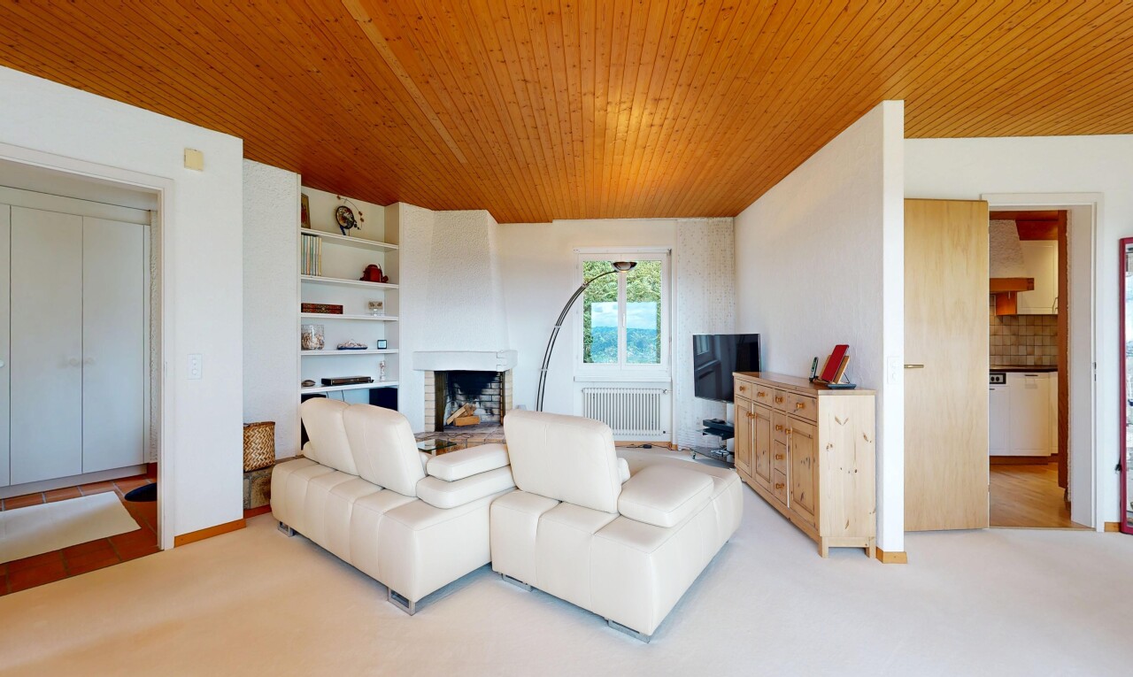 living area featuring wood ceiling, light carpet, radiator, a large fireplace, and built in features