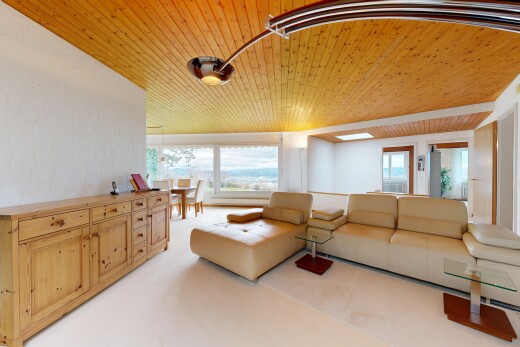 salon avec plafond en bois, wood ceiling, lumière naturelle, natural light, et inside property