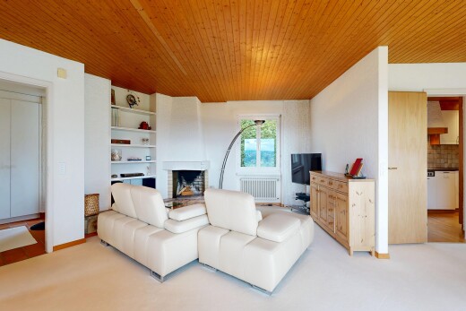 living area featuring wood ceiling, light carpet, radiator, a large fireplace, and built in features