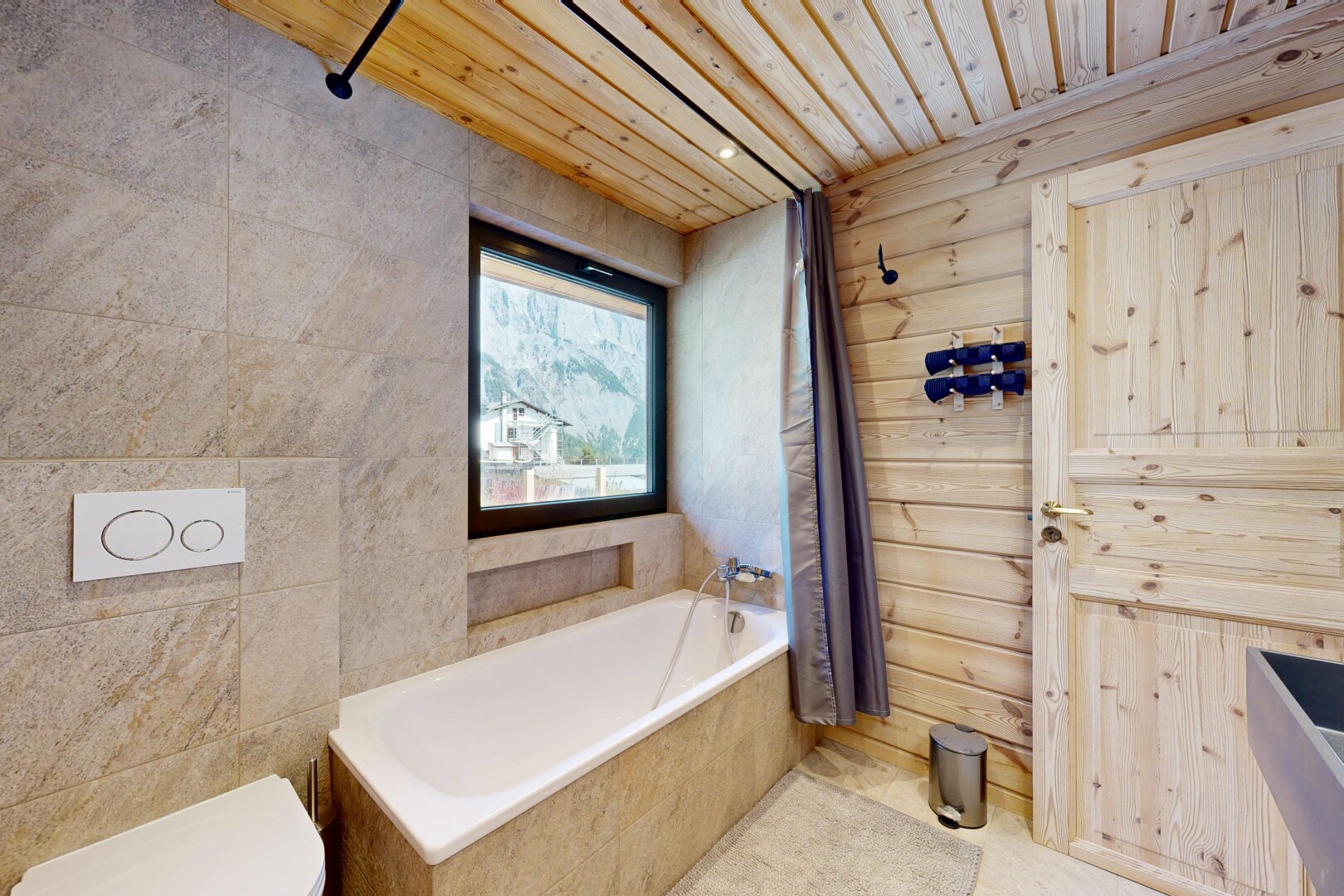 full bathroom featuring a garden tub, wooden ceiling, and wood walls