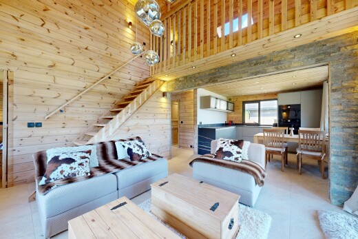 salon avec mur en bois, wood wall, plafond haut, high ceiling, et lumière naturelle