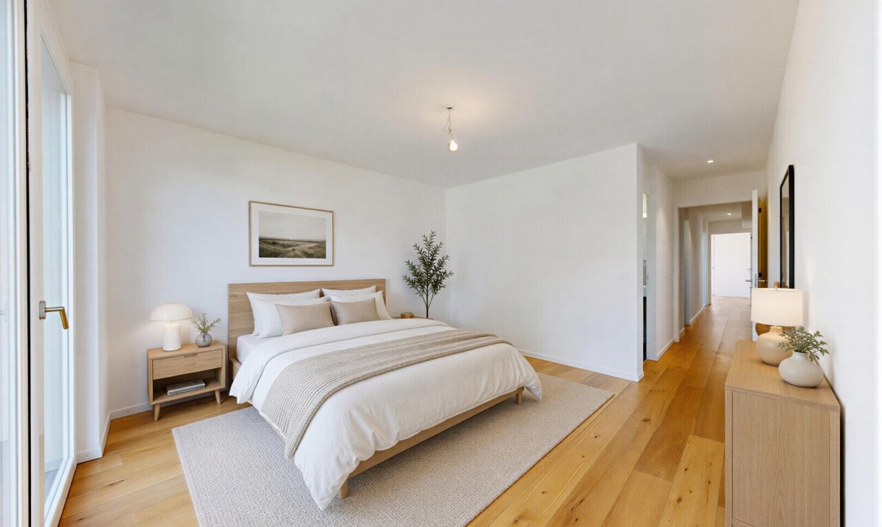 pièce vide avec sol en finition bois, wood finish floor, inside property, light floor, et cloison sèche