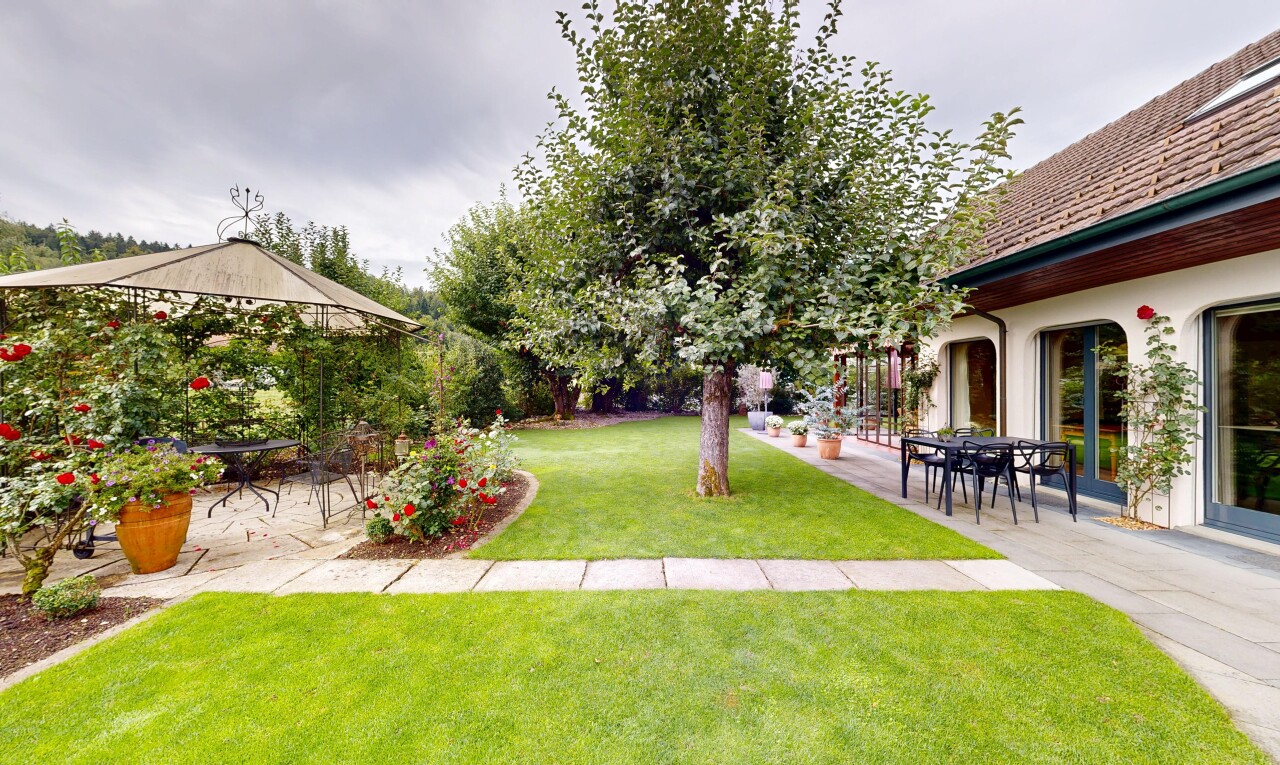 garten mit terrasse, overcast, und rasen