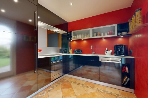 küche mit schränke mit glastüren, inside property, ofen, recessed lighting, und einbauleuchten