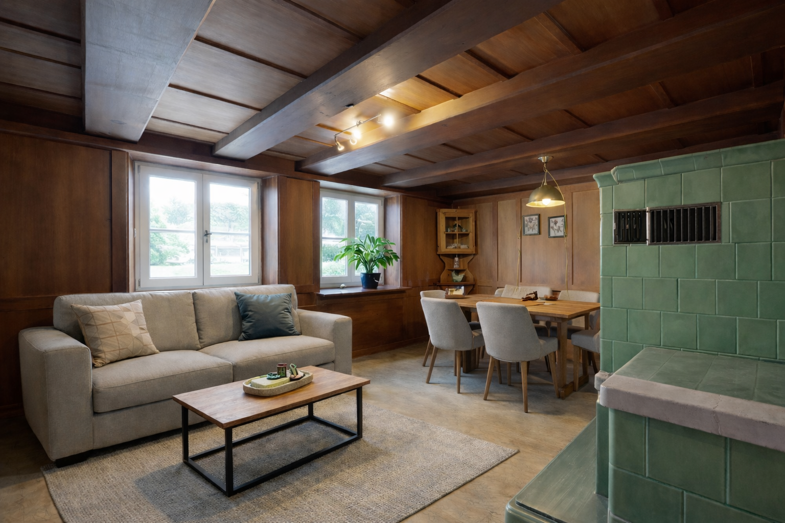 salon / salle à manger avec plafond en bois, wood ceiling, inside property, plafond à poutres, et beamed ceiling