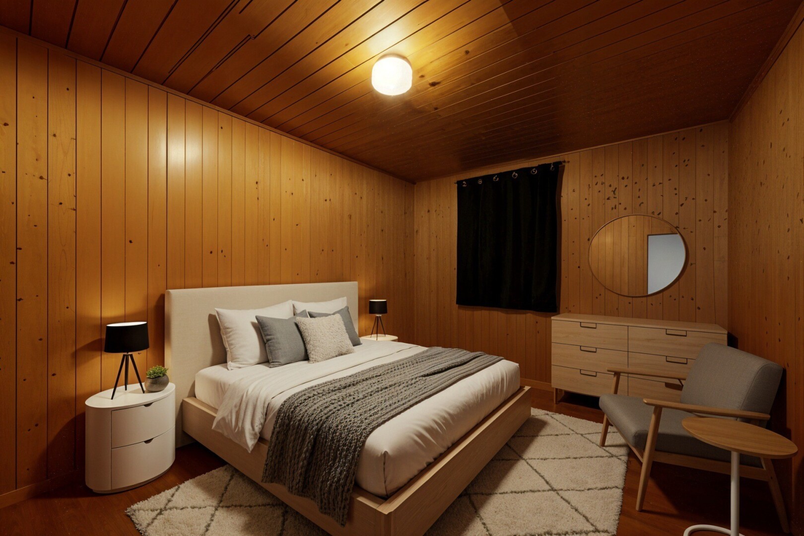 chambre avec mur en bois, wood wall, plafond en bois, wood ceiling, et inside property