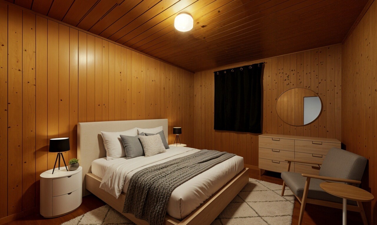 chambre avec mur en bois, wood wall, plafond en bois, wood ceiling, et inside property