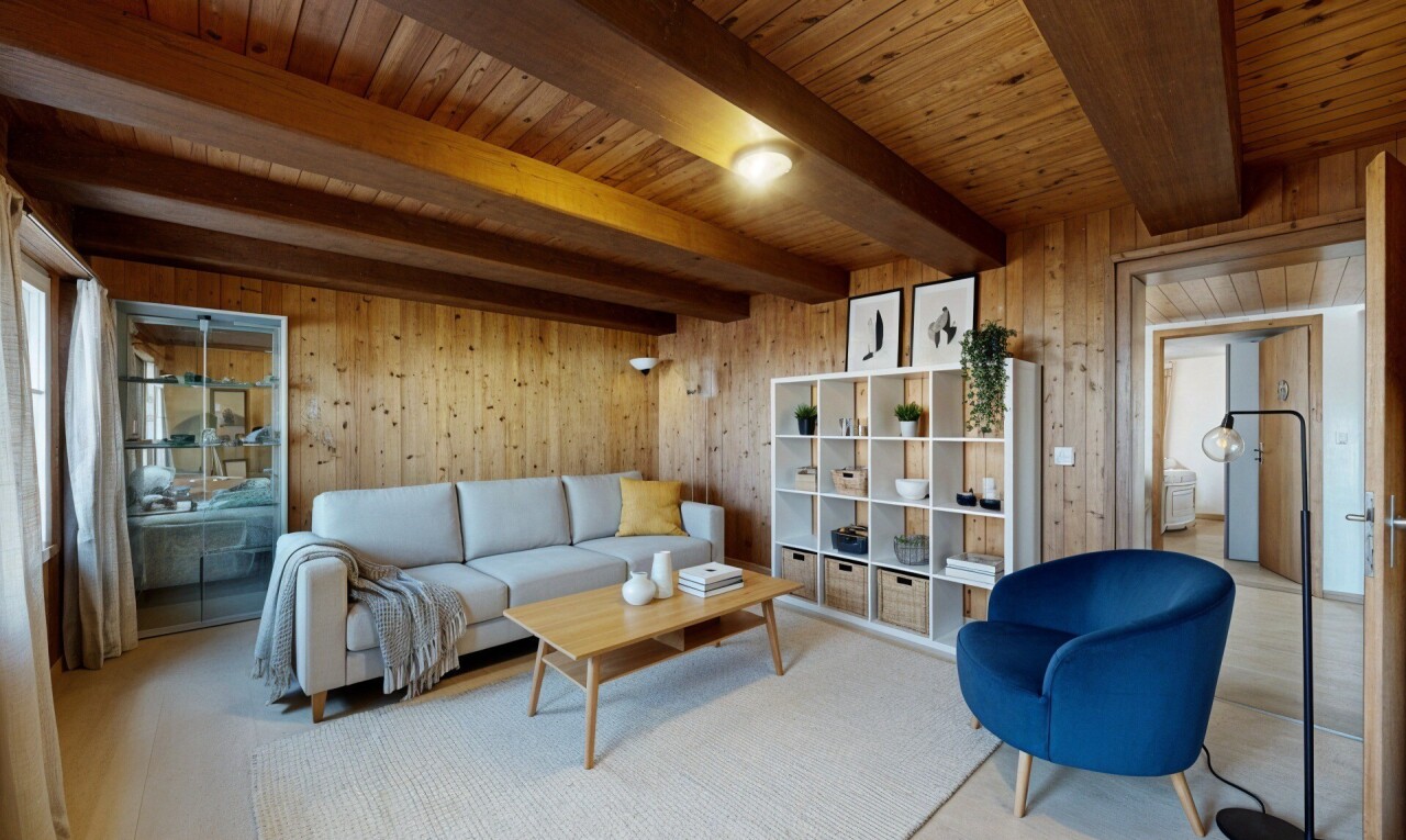 salon avec mur en bois, wood wall, plafond à poutres, beamed ceiling, et plafond en bois