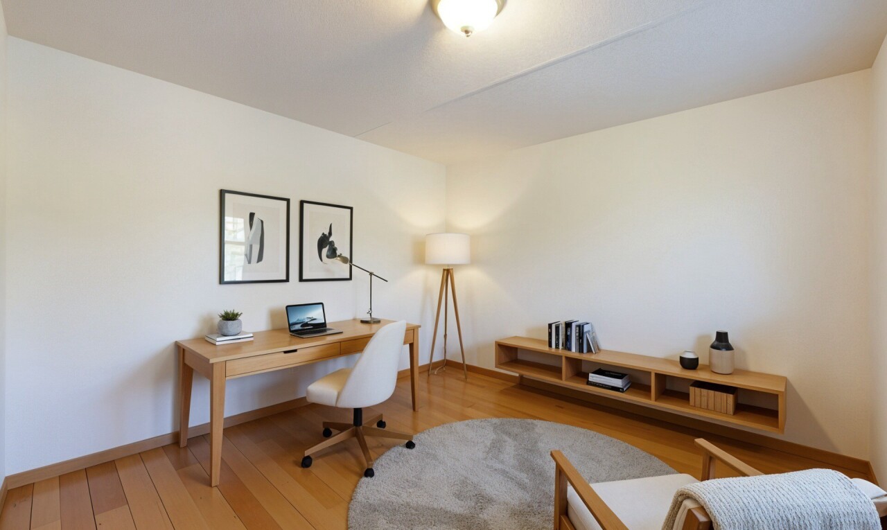 bureau avec cloison sèche, drywall, espace bureau, inside property, et sol en finition bois