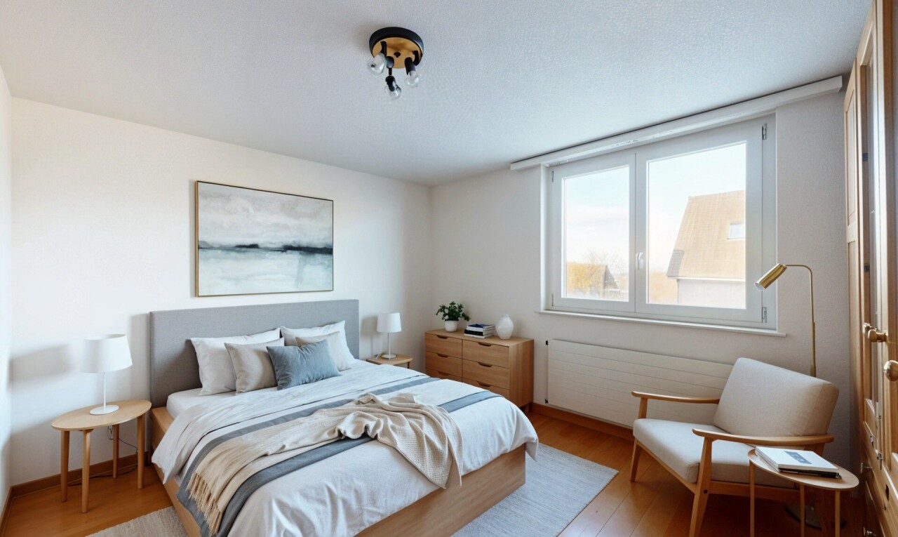 chambre avec inside property, sol en finition bois, wood finish floor, lumière naturelle, et natural light