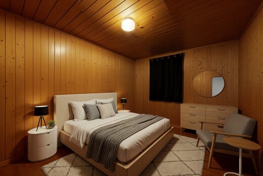 zimmer / schlafzimmer mit holzwand, wood wall, holzdecke, wood ceiling, und inside property