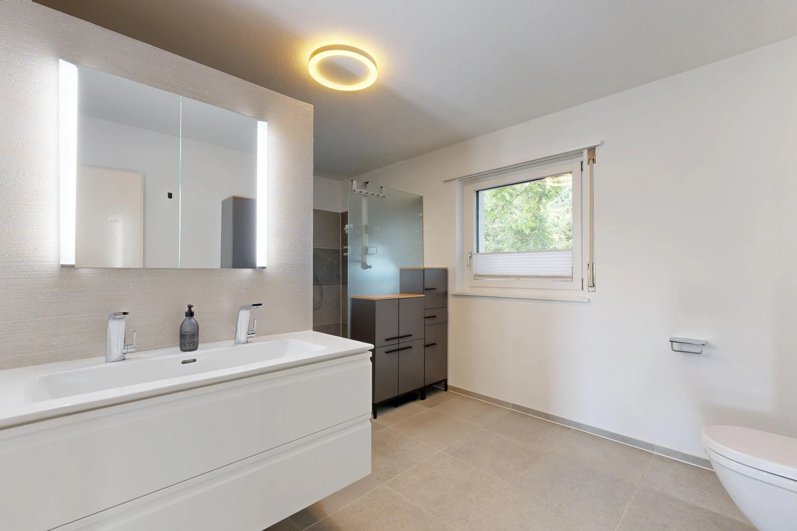 bad mit waschbecken, komplettes badezimmer, toilette, light floor, und spiegel