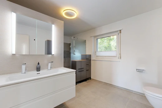 bad mit waschbecken, komplettes badezimmer, toilette, light floor, und spiegel