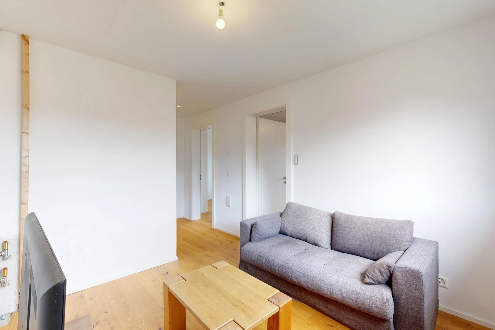 wohnzimmer mit drywall, gipskartonwand, wood finish floor, holzfußboden, und light floor