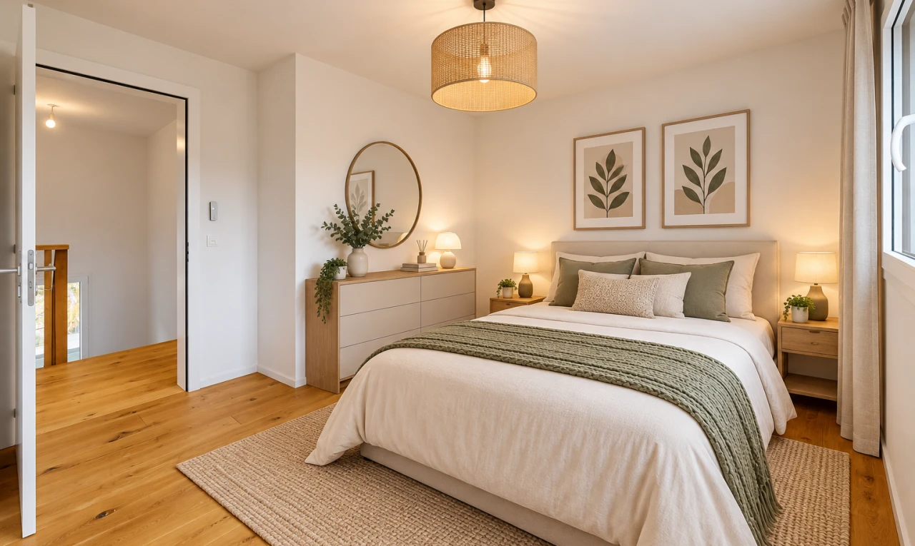 zimmer / schlafzimmer mit pendelleuchte, drywall, gipskartonwand, wood finish floor, und holzfußboden