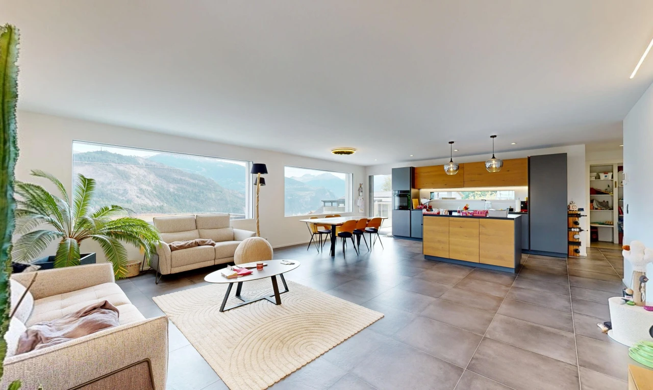 wohn- / esszimmer mit pendelleuchte, mountain view, blick auf die berge, einbauleuchten, und drywall