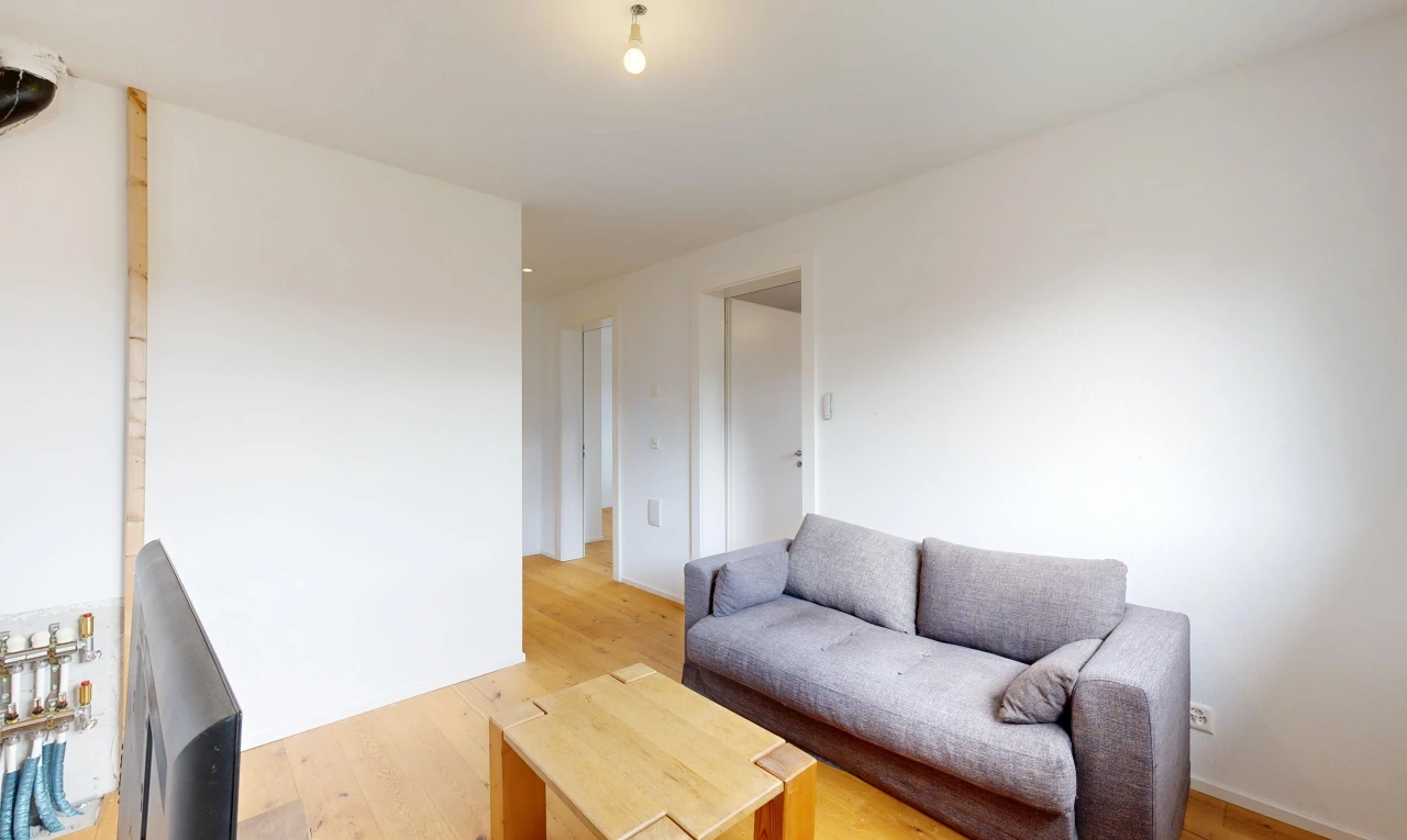 wohnzimmer mit drywall, gipskartonwand, wood finish floor, holzfußboden, und light floor