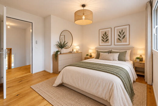zimmer / schlafzimmer mit pendelleuchte, drywall, gipskartonwand, wood finish floor, und holzfußboden