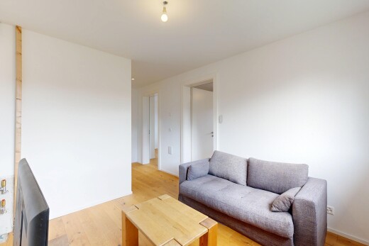 wohnzimmer mit drywall, gipskartonwand, wood finish floor, holzfußboden, und light floor