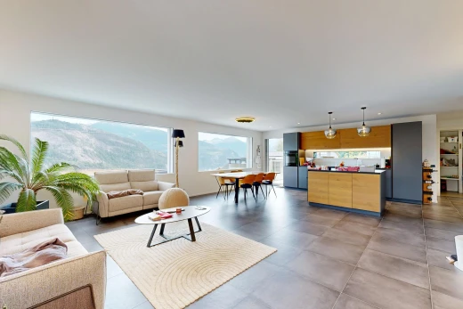 wohn- / esszimmer mit pendelleuchte, mountain view, blick auf die berge, einbauleuchten, und drywall