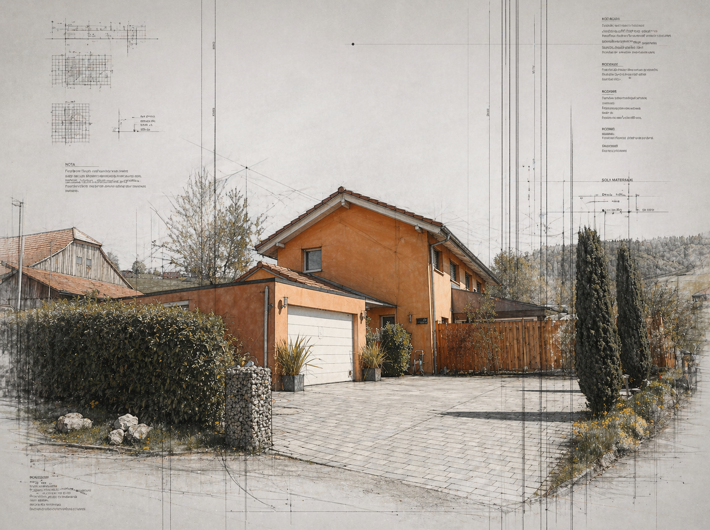 façade avec property visible, clôture, overcast, allée, et power lines view