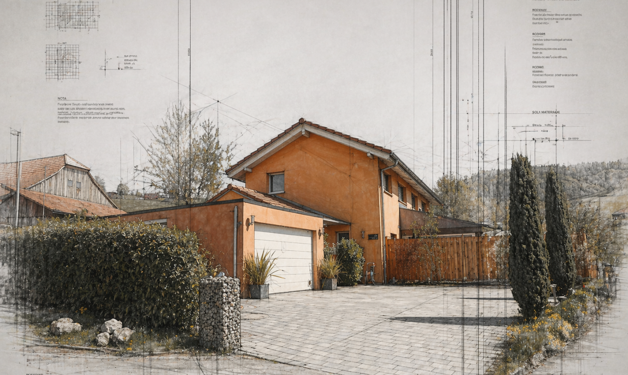façade avec property visible, clôture, overcast, allée, et power lines view