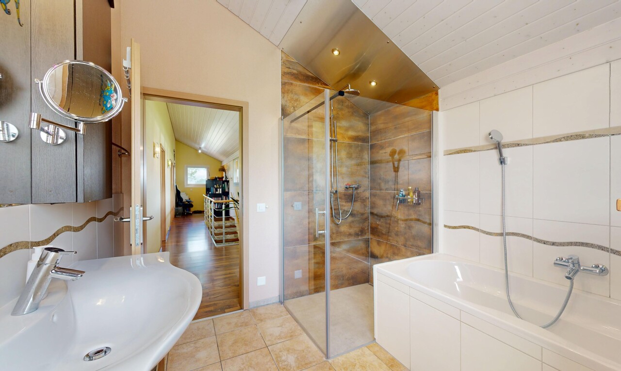 salle de bains avec plafond voûté, vaulted ceiling, douche, bain, et évier