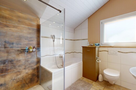 salle de bains avec lumière naturelle, natural light, douche, salle de bain complète, et mur en carrelage