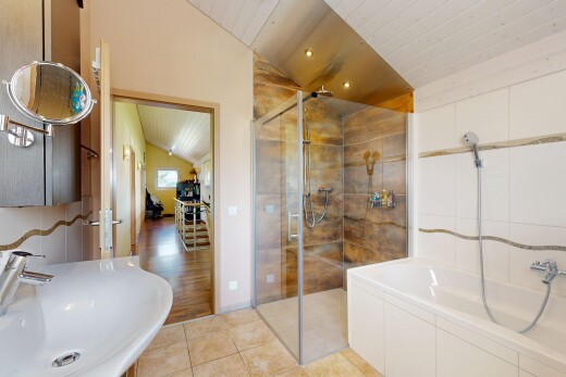 salle de bains avec plafond voûté, vaulted ceiling, douche, bain, et évier