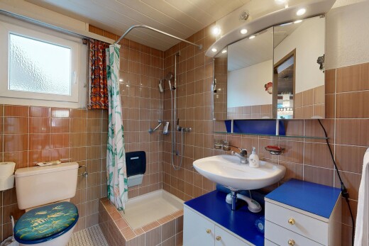 bad mit fliesenwand, tile wall, toilette, spiegel, und komplettes badezimmer