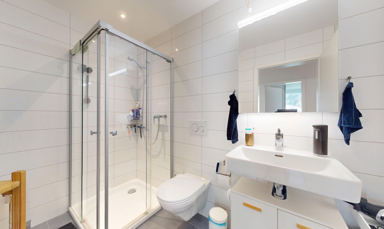 salle de bains avec tile wall, mur en carrelage, miroir, douche, et salle de bain complète