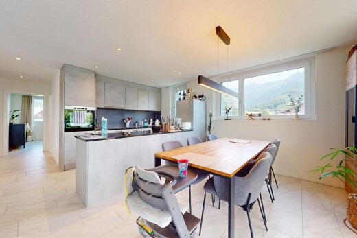 küche mit pendelleuchte, inside property, küchentheke, schränke mit flachen paneelen, und natural light