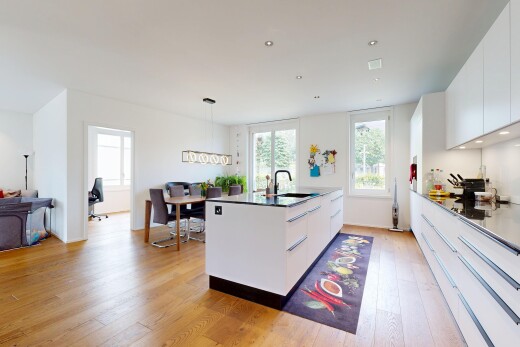 küche mit flat panel cabinets, schränke mit flachen paneelen, white cabinets, weiße schränke, und holzfußboden